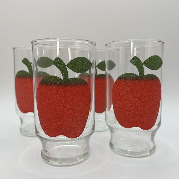 Set 4 Vintage 1960’s Red Apple Tumbler Drinking Glasses Textured Fruit Glass MCM - Picture 1 of 5